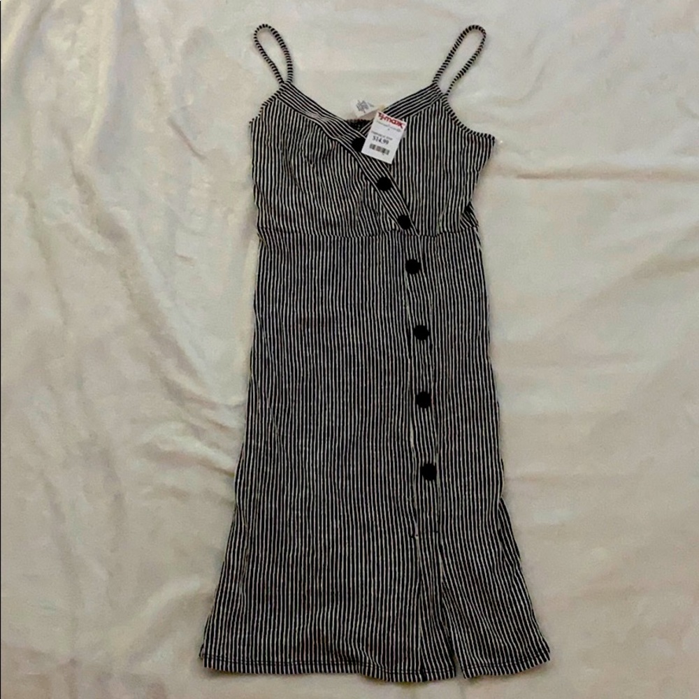 Black and white striped button-down mini dress